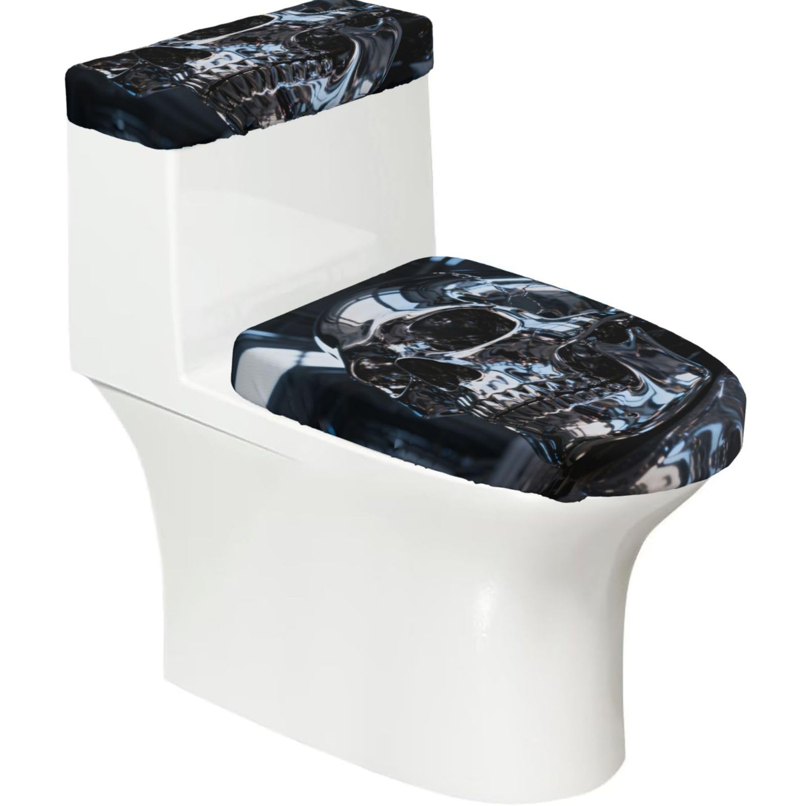 Chrome Skull Metal Elastic Toilet Cover Set of 2-Stretchy Lid and Tank Covers for Bathroom, Soft Washable U Shape Toilet Decor