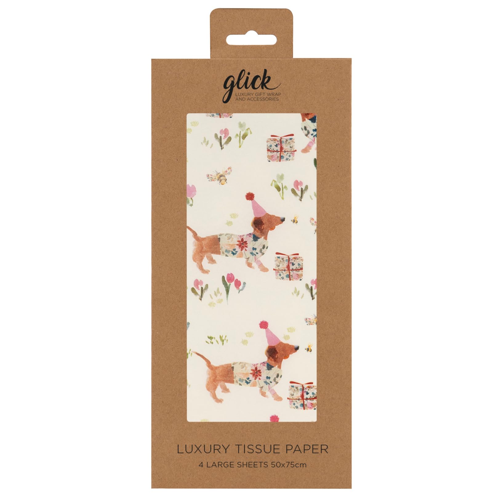Glick 4 Sheets of Birthday Sausage Dog Floral Tissue Paper. Each Sheet Measures 75 x 50cms When Opened and is Suitable for Birthdays & Other Celebrations