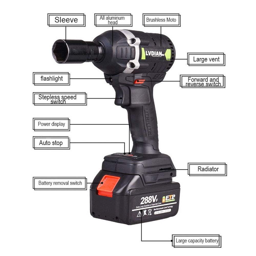 380N.m Avvitatore Percussione Elettrica a Batteria con 2 Batterie Ricaricabili Trapano a Percussione Senza Spazzole Luce a LED Presa da 1/2 Pollice Strumenti per Cacciaviti Elettrici