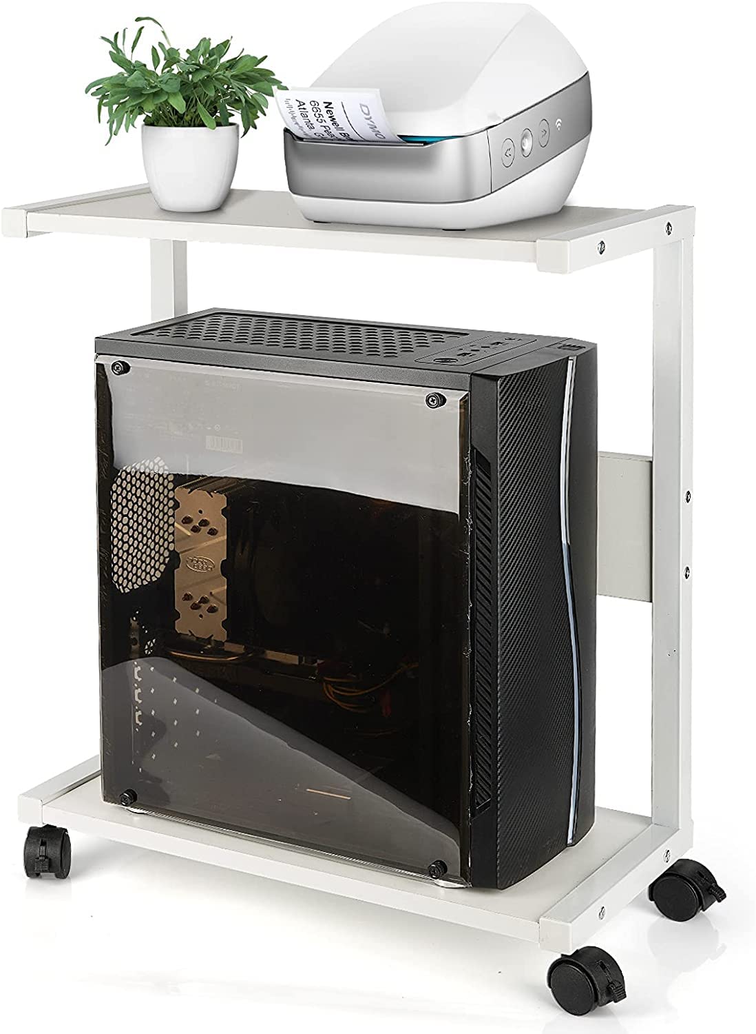 INDIAN DECOR. 45152 Space Saving Racks Multi-Layer fax Racks Computer Tower Stand, PC Stand 2-Tier CPU Stand with Lockable Wheels Under Desk Fits Most PC (White)