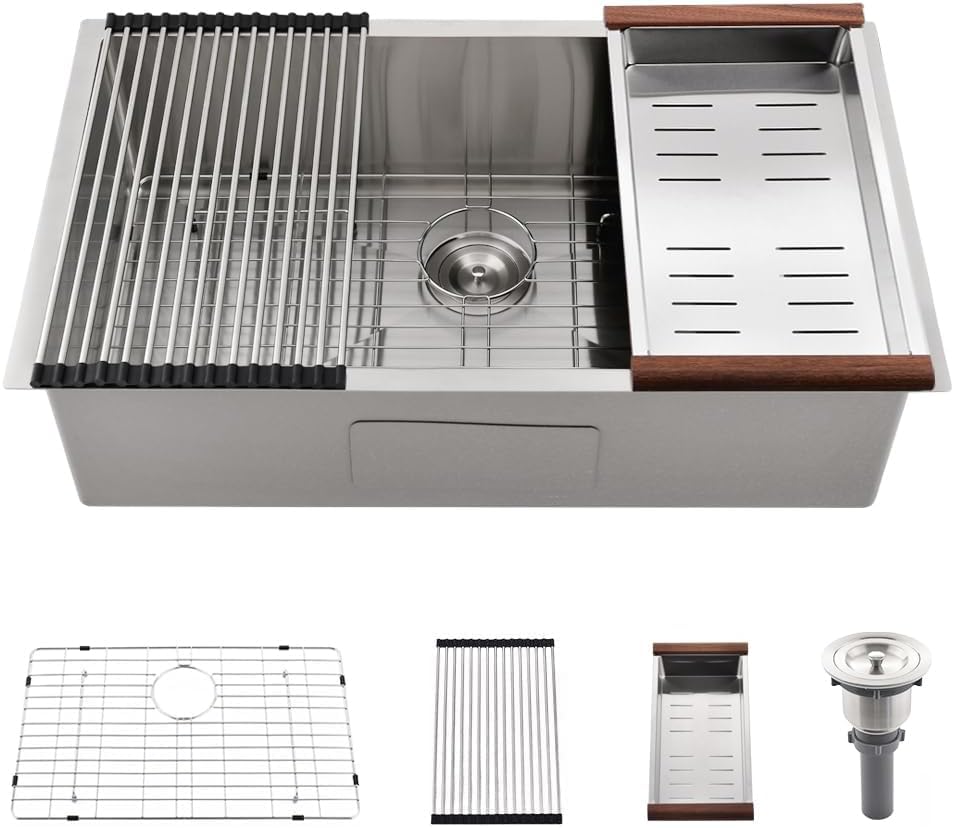 26 Inch Undermount Kitchen Sink -Bokaiya 26x18 Stainless Steel Sink Undermount 18 Gauge Deep Single Bowl Kitchen Sinks with Colander