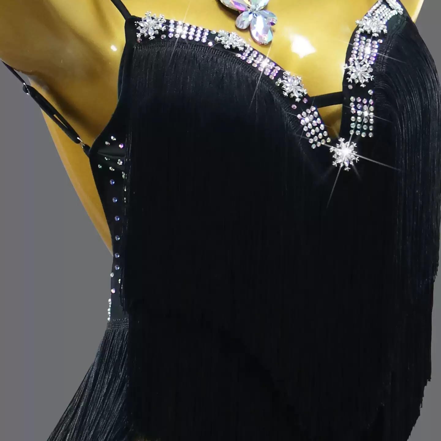 Damen Fransen Latein-Tanzkleid Glitzernde Strasssteine Spaghettiträger Salsa Tango Cha-Cha Tanzkostüm Set