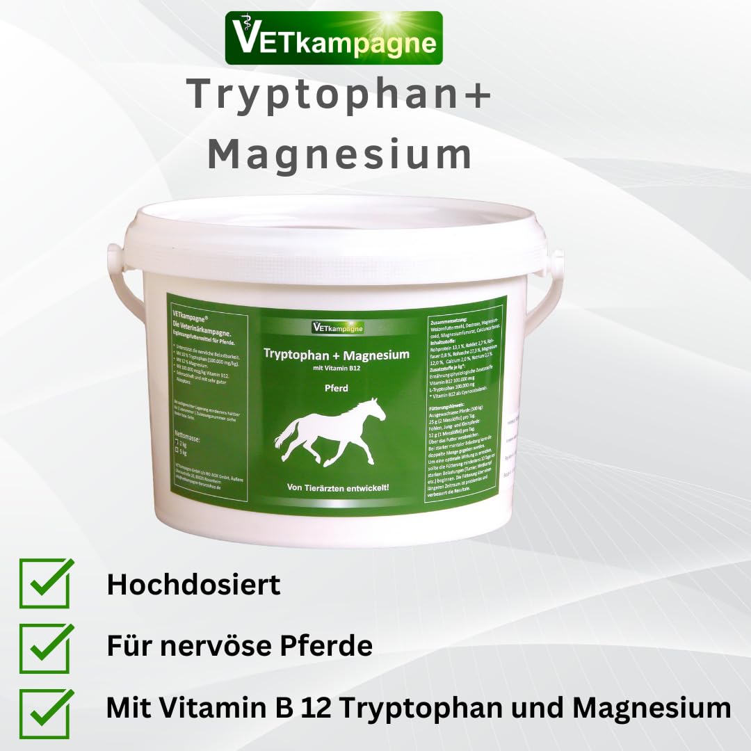 Tryptophan + Magnesium + Vitamin B12 (hochdosiert) 5000 g | Für Pferde bei Nervosität, bei Unruhe, bei Stress, beim Transport Kann zur Beruhigung und Entspannung beitragen