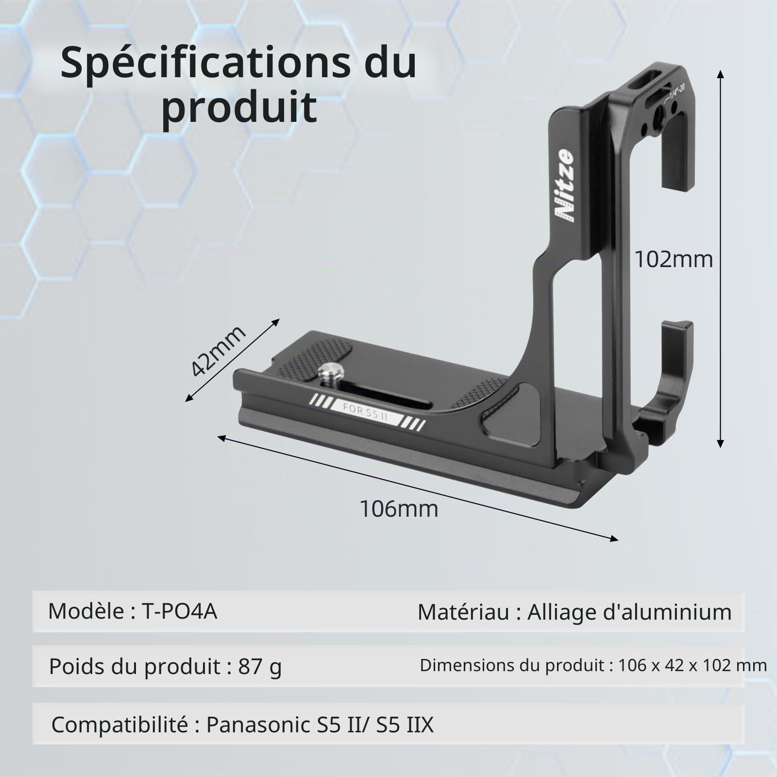 Nitze L Bracket pour Cámara Panasonic LUMIX S5 II, L Plaque avec Plaque à Dégagement Rapide Arca Swiss pour Prise de Vue Horizontale et Verticale, Plusieurs Trous Filetés 1/4" - T-P04A