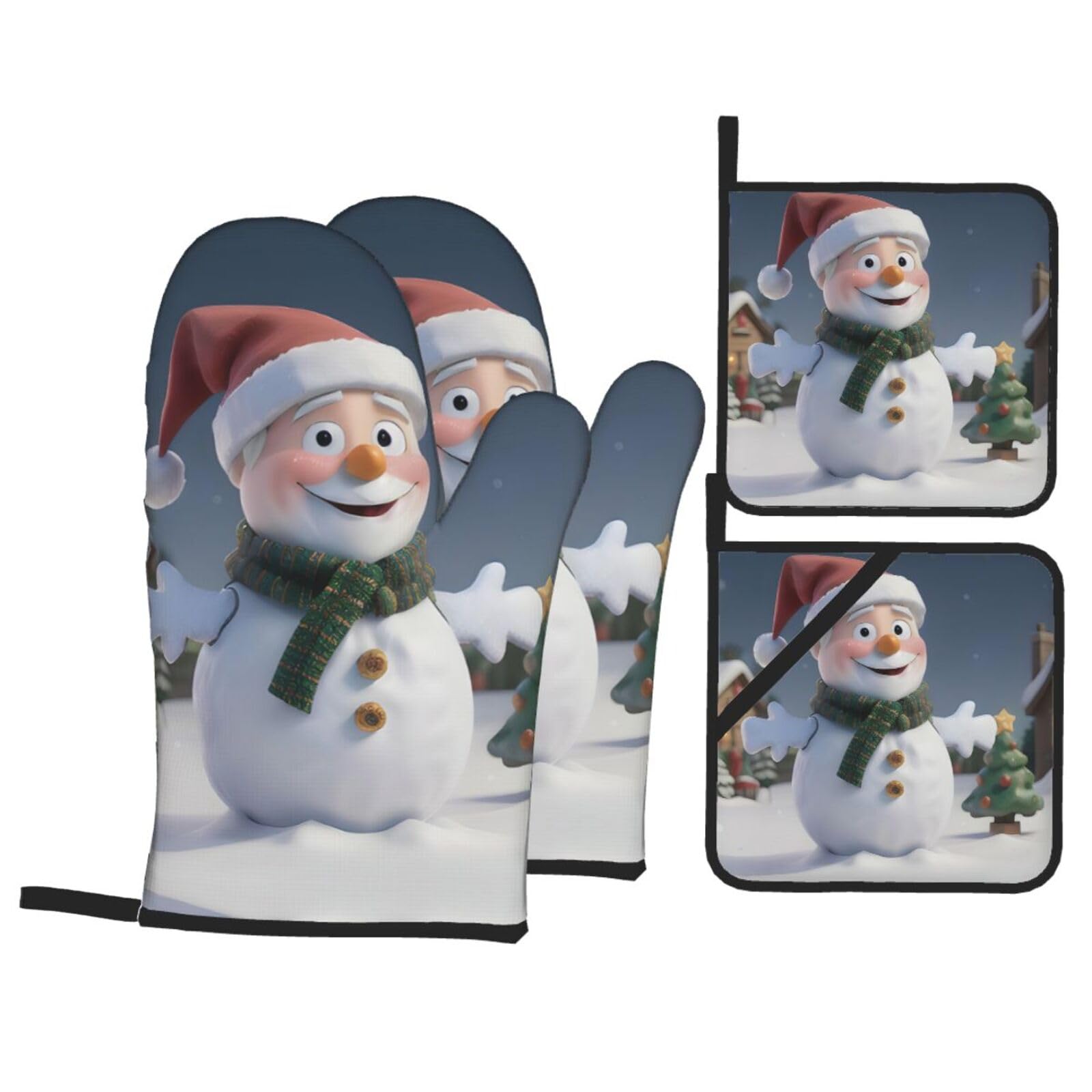 Christmas Santa Snowman Print Stylish 4-Piece Microwaving Oven Waterproof Kitchen Gloves Baking Holiday Cooking