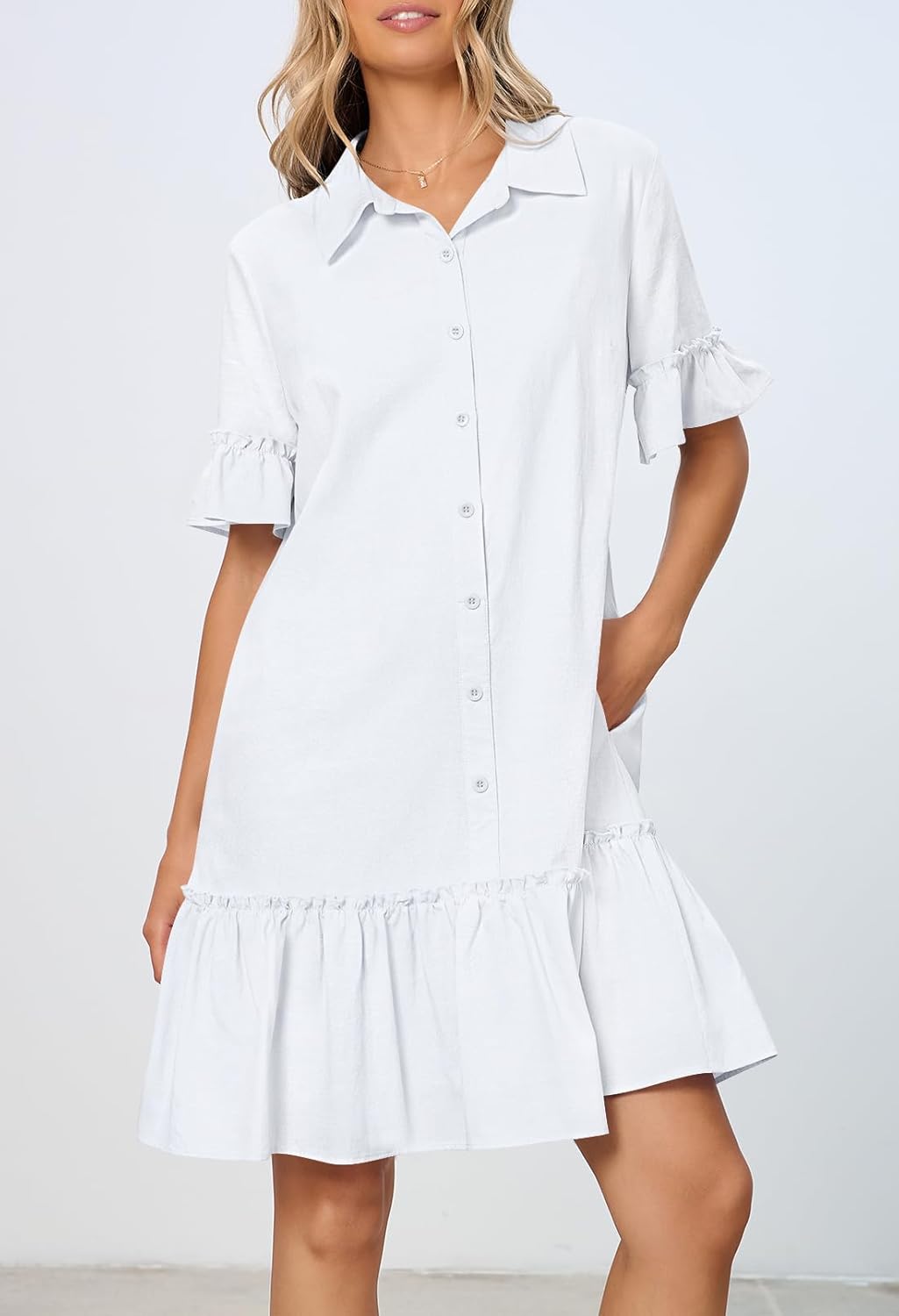 MEROKEETY Women's 2026 Summer Casual Shirt Dress Button Down Ruffle Sleeve Shift Mini Dresses with Pockets - Image 3