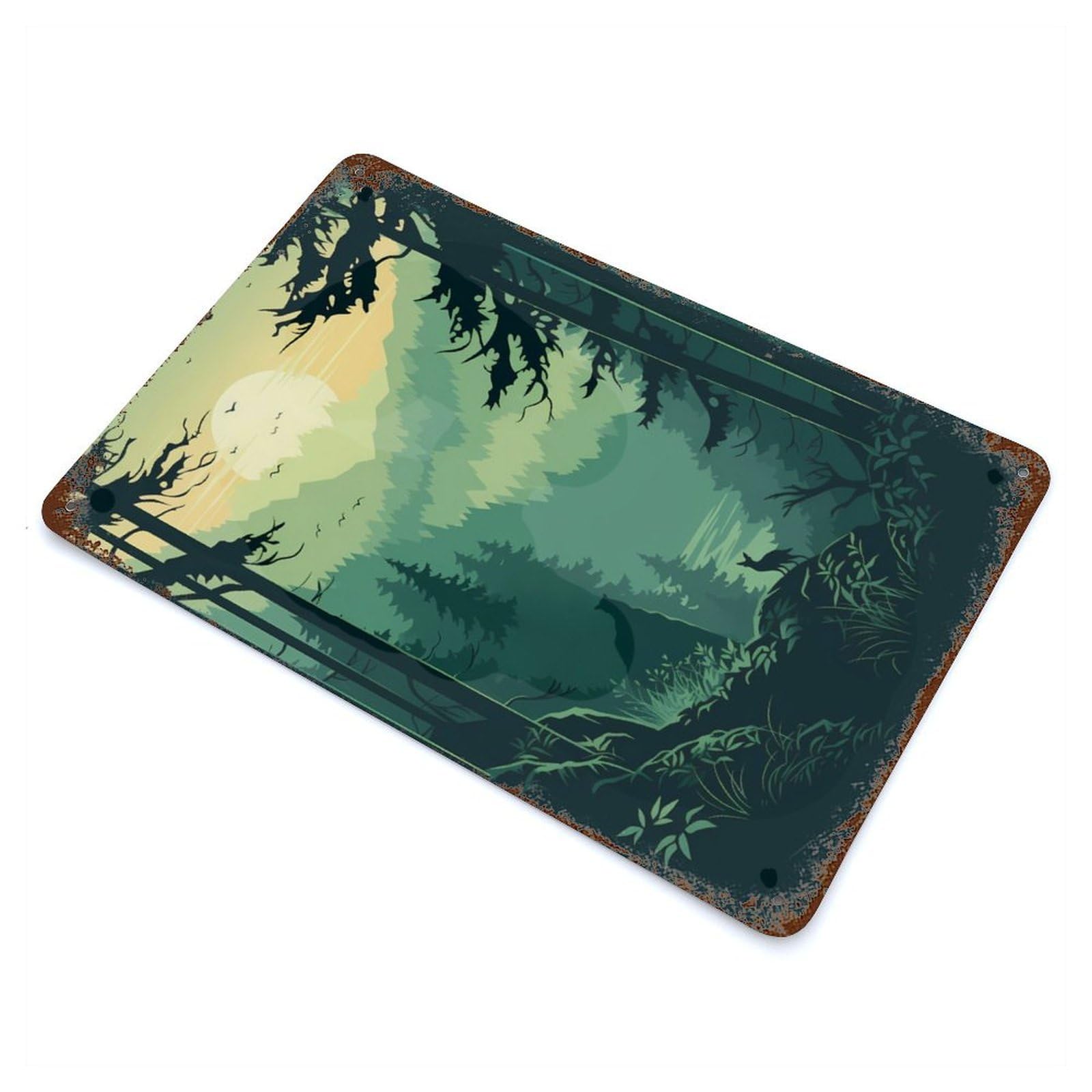 Aged Metal Wall Plaque with Forest Life Design 11.8"x7.9", for Basement, Hobby Room And Garage Decor, Farmhouse Wall Decor