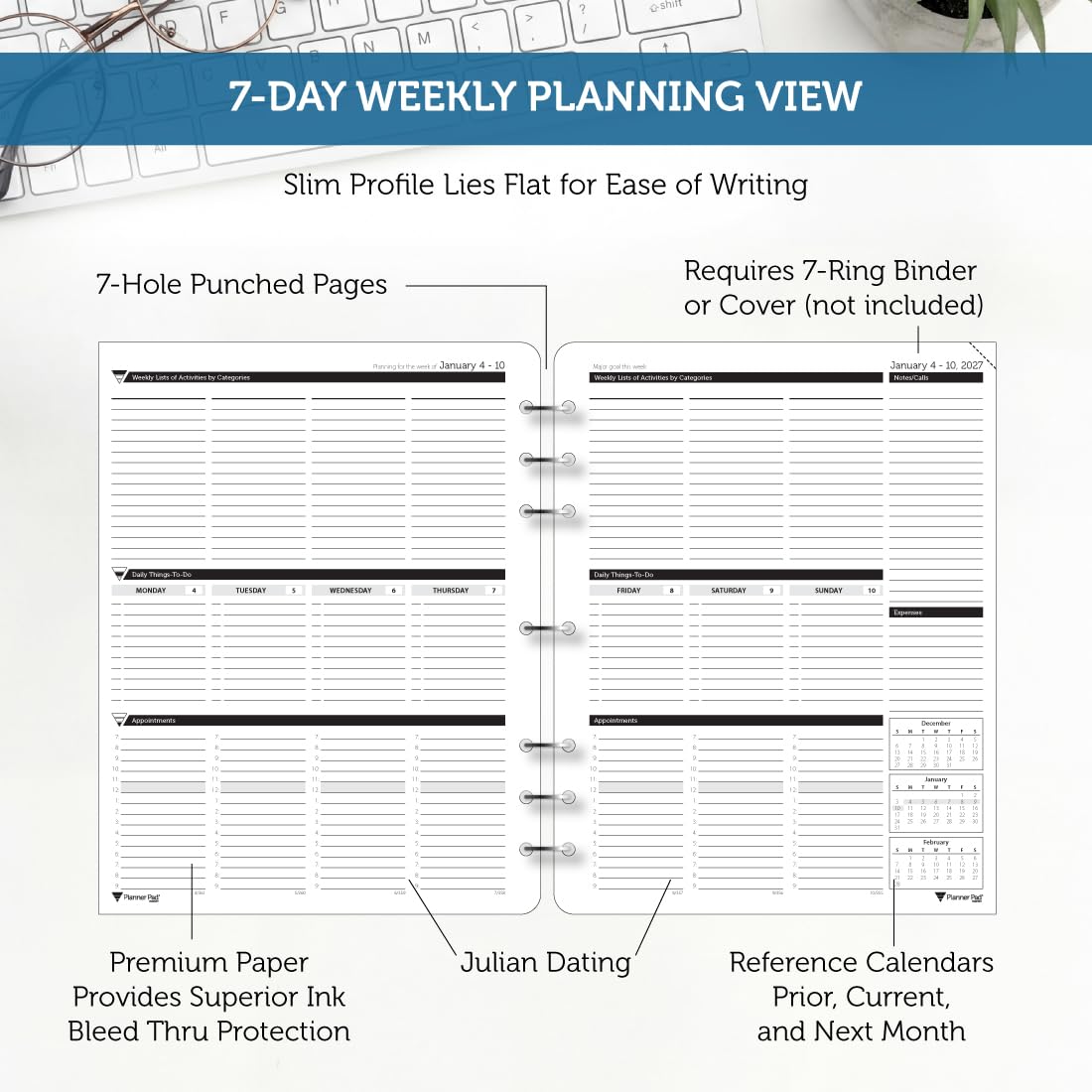 Planner Pad 7 Löcher lose Blätter, Januar-Dezember 2027/Kalenderjahr 21,6 x 27,9 cm, großer 3-stöckiger Trichter, 12 Monate/Wochen-Organizer, schwarze Tinte