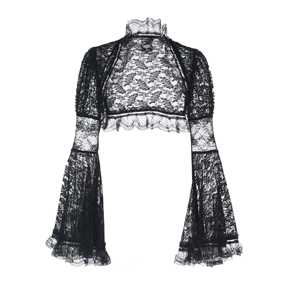 Women Bell Sleeve Goth Lace Bolero Shrug Top Y2k Mesh Black Punk Rave Festival Crop Tops