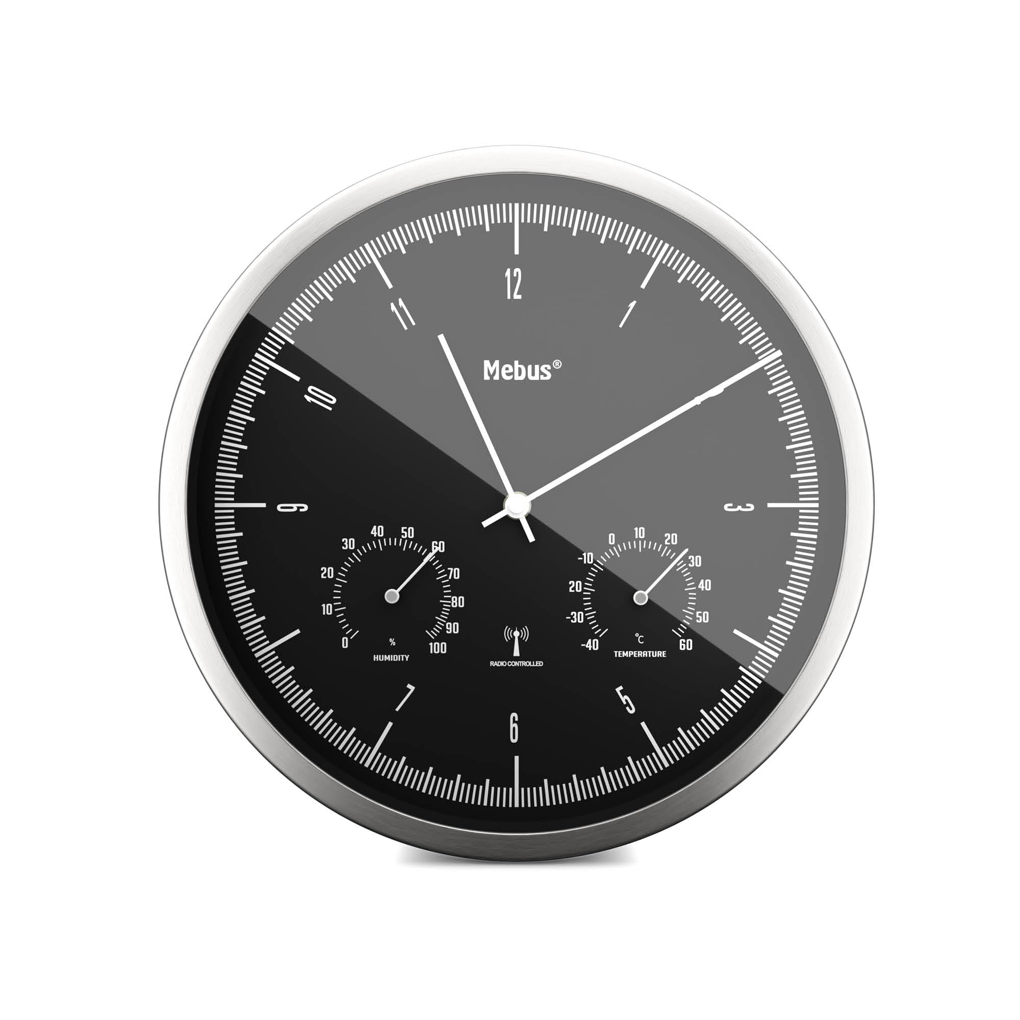 Mebus Silver/Black Tinytime Radio Wall Clock With Thermal And Hygrometer | No Ticking Noise | 25 Cm | Dial | Casing | 1977