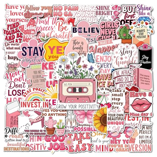 HIZILY 50 Pcs Pink Motivational Stickers Inspirational Quote Vinyl Decal Cute Positive Sticker Laptop Water Bottle Phone Tablet Scrapbook Notebook Helmet Suitcase Fridge Gifts for Teens Women