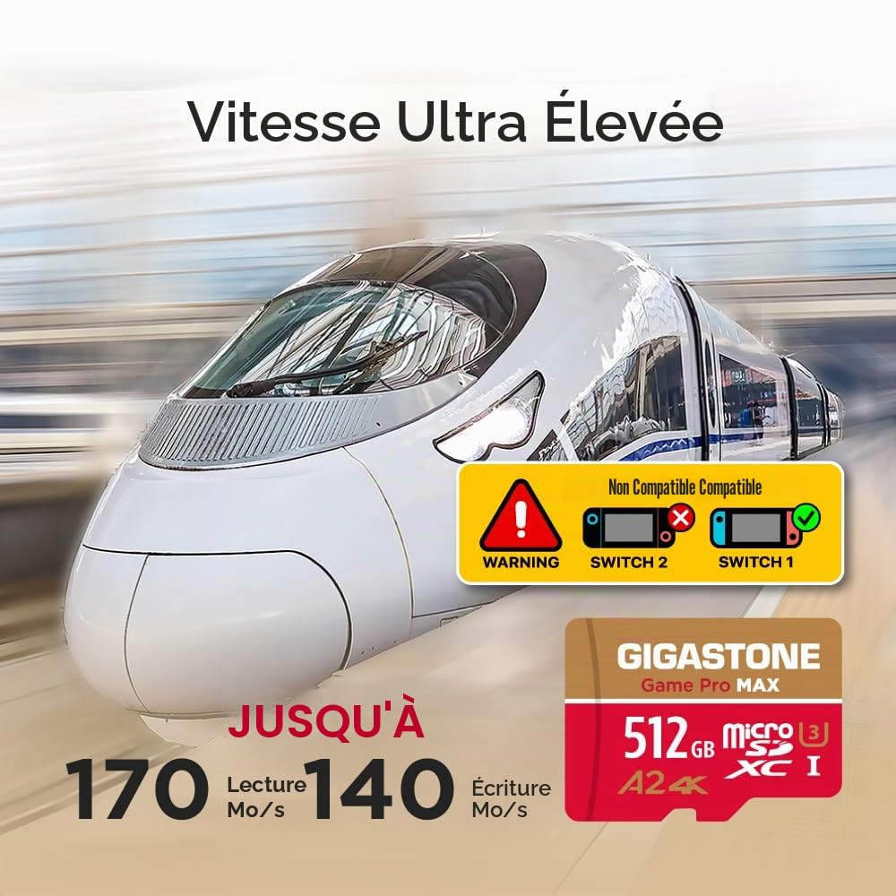 【pour Switch 1 Seulement】 GIGASTONE MicroSDXC 512 Go, Game Pro Max, Vitesse jusqu'à 170/140 Mo/s, pour Switch 1, Steamdeck, 4K Video A2 V30 U3 MicroSDXC avec Adaptateur【Récupération Gratuite 5 Ans】