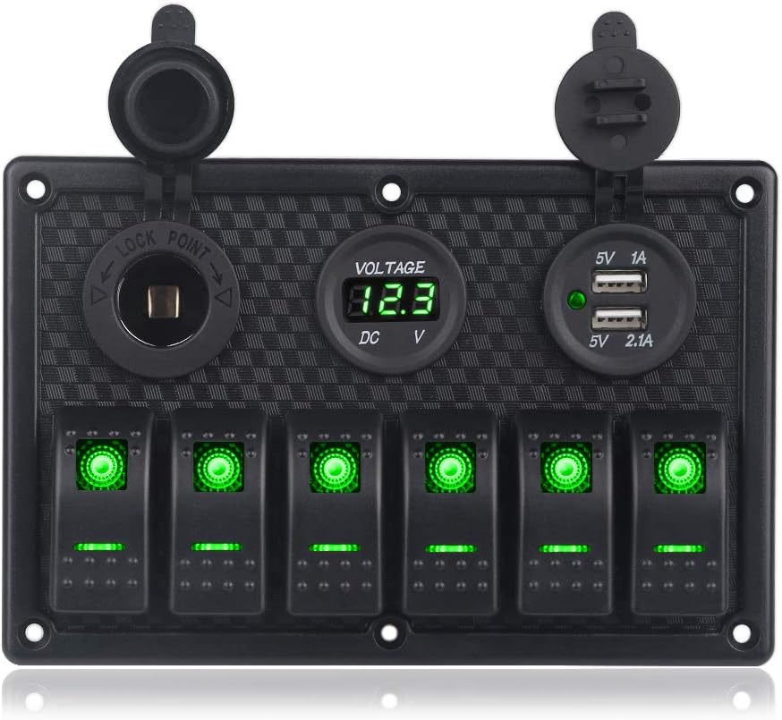 WATERWICH Marine Boat Car 6 Gang Rocker Switch Panel with Fuse Box LED Digital Voltmeter 3.1A Dual USB Charger Cigarette Lighter Socket for RV Vehicle Truck Yacht : Sports & Outdoors