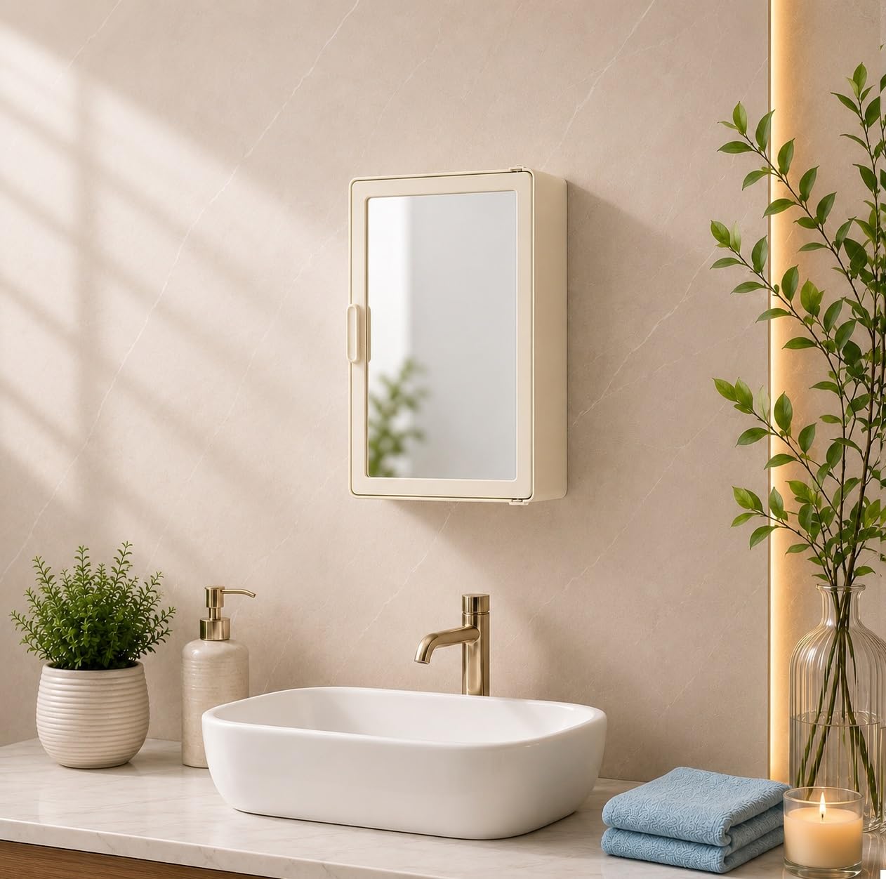zahab Ivory Bathroom Cabinet with Mirror | Wall Mounted Waterproof Plastic Bathroom Organizer | Premium Storage Cabinet with Toothbrush Holder & Multi-Utility Shelves | Medicine Cabinet for Home-image-26