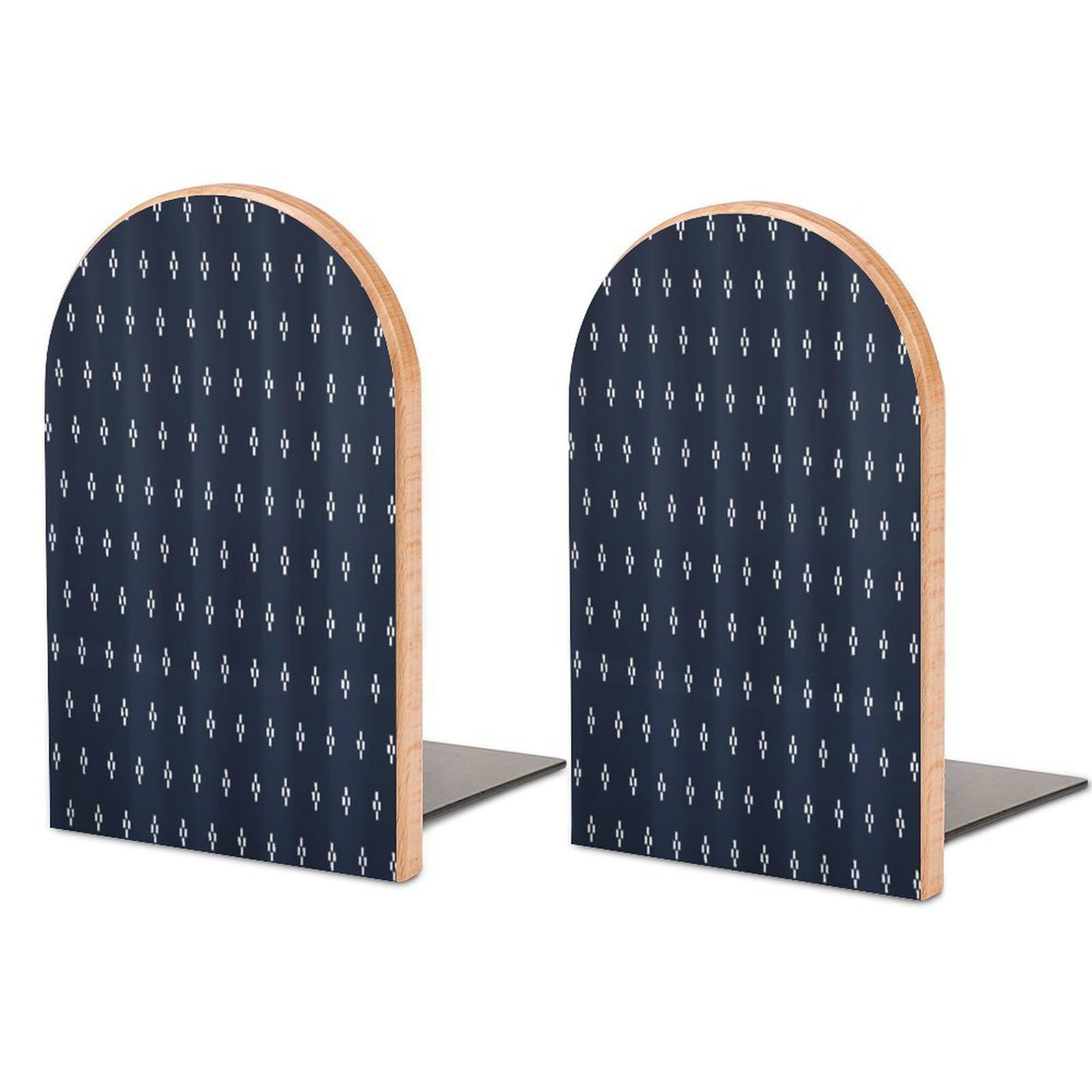 Square Shapes on Dark Blue Backdrop Beech Wood Bookends Heavy Duty Book Organizers Desktop File Holder for Office Home Bookshelf