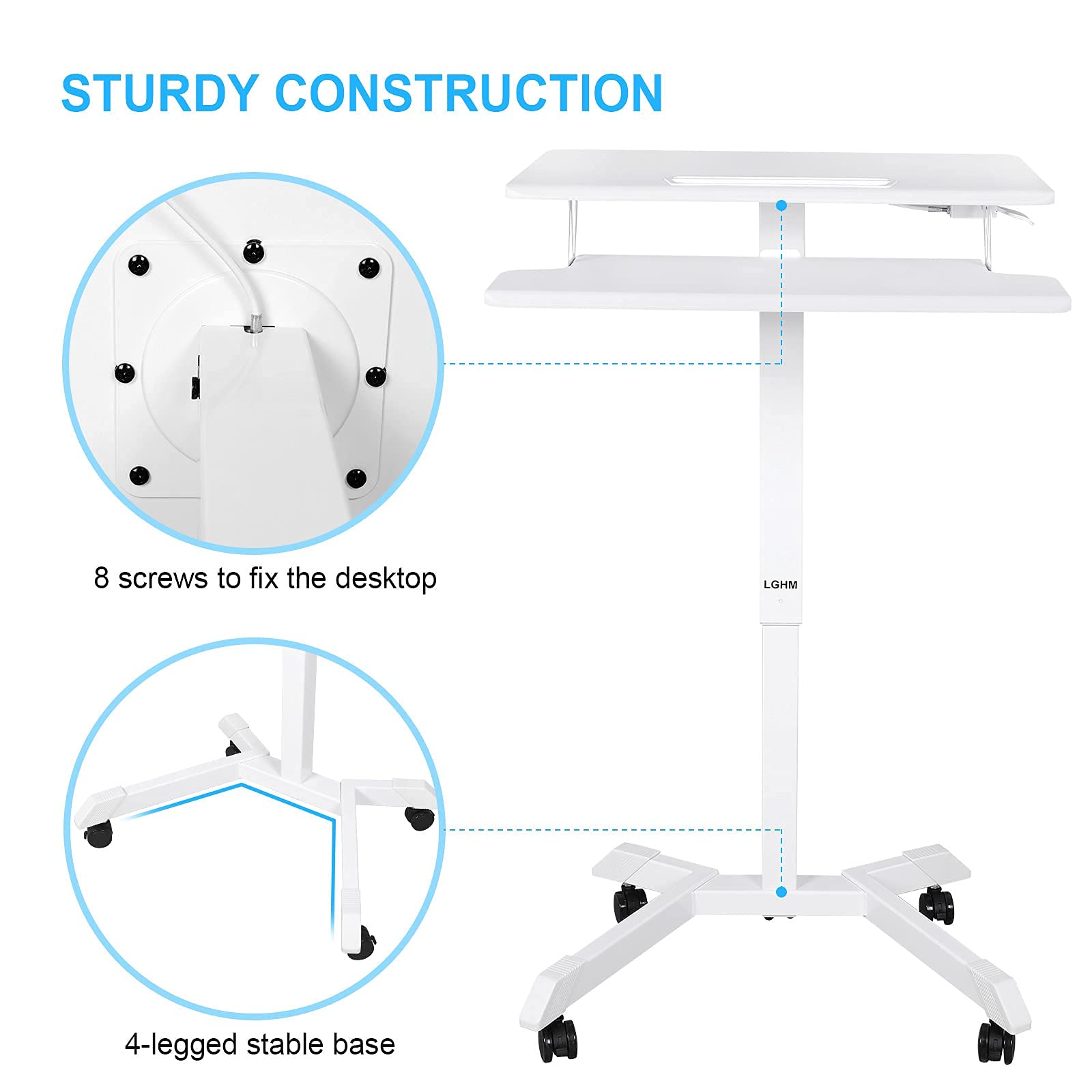 Rolling Desk, LGHM Mobile Laptop Desk Height Adjustable, Pneumatic Gas Spring Rolling Computer