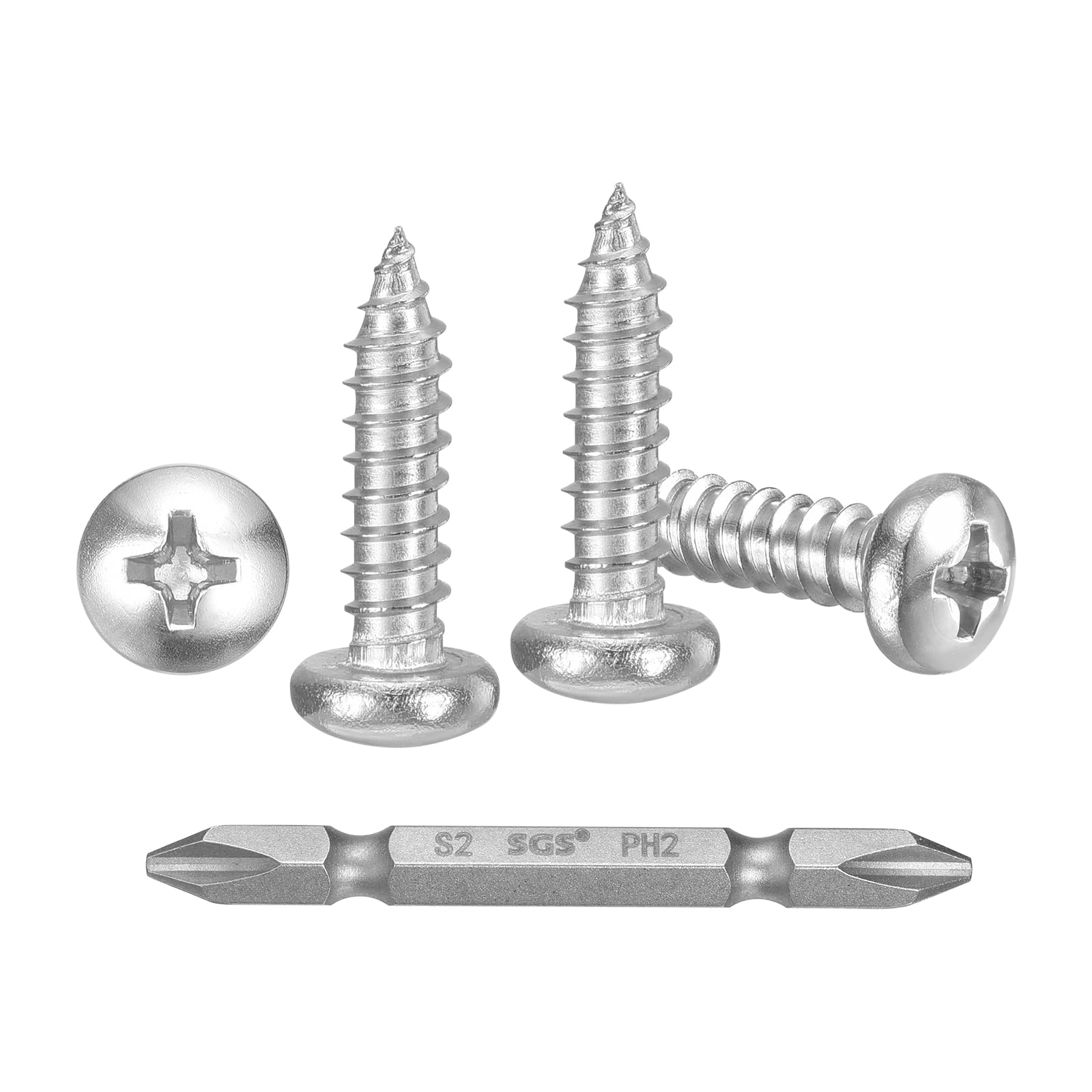METALLIXITY Phillips Pan Head Self Tapping Screws(#8x3/4") 200Pcs, 304 Stainless Steel Self Drilling Screw for Metal Wood Plastic with Bit, for Cabinet Wall Shutter Plate Furniture, Silver
