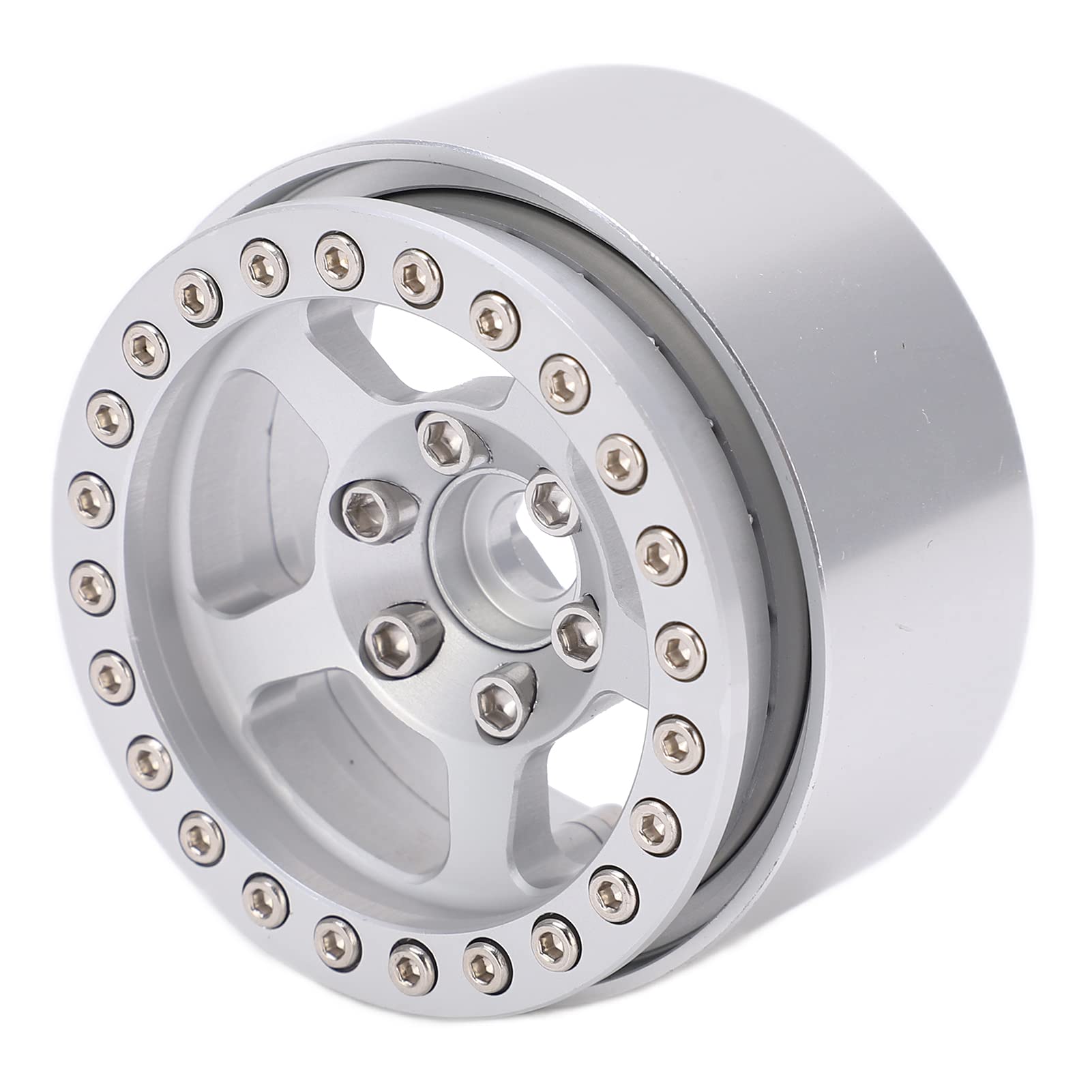 Ruote Beadlock da 1,9 pollici in lega di alluminio, cerchi argentati a 5 fori, cerchi per ruote RC antistrappo e antimacchia, con ruota, compatibili con AXIAL SCX10, TRX4, (Argento)