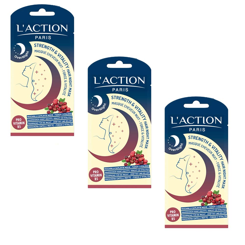 L'Action Paris Strength & Vitality Hair Night Mask, Enriched With Cranberry Seed Oil, Repairing & Rejuvenating, With Pro Vitamin B5 For Damaged Hair - 20ml (3 Pack)
