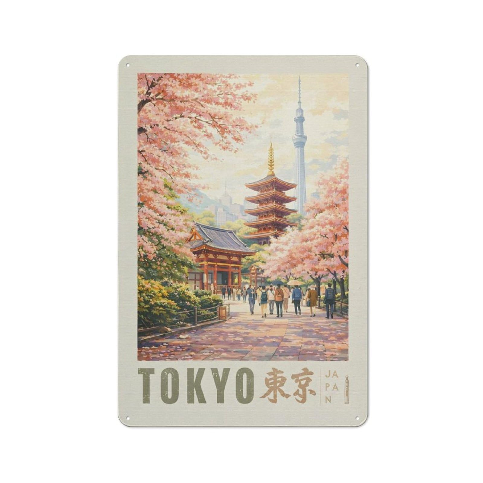 Junmoney Style-13 Vintage Tokyo Cherry Blossoms And Pagoda Vintage Metal Sign 30X20cm, Restaurant Wall Art For Takeaway, Bar, Kitchen Or Counter Area