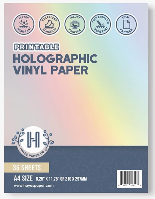 Hayes Paper Co. Holographic Opal Pattern Vinyl Sticker Paper – 36-Pack A4 Printable Sheets for Inkjet Printers – Tear & Scratch Resistant – Ideal for Custom Stickers