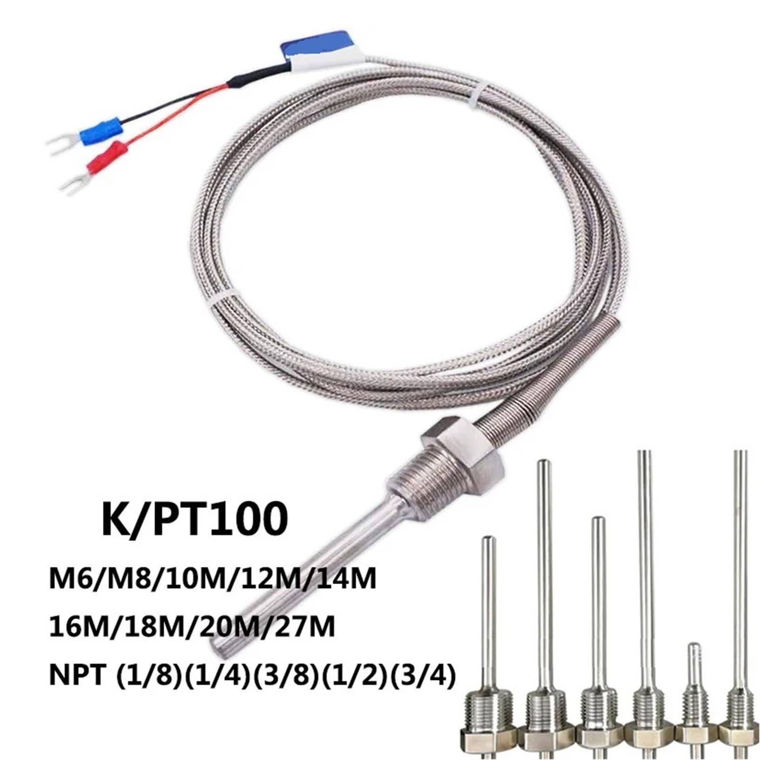 Czujnik temperatury 800 °C, gwint M6~27 m/NPT 1/8~3/4, sonda ze stali nierdzewnej K /PT100, rura termoparowa, regulator temperatury (NPT3-8 PT100 typ)