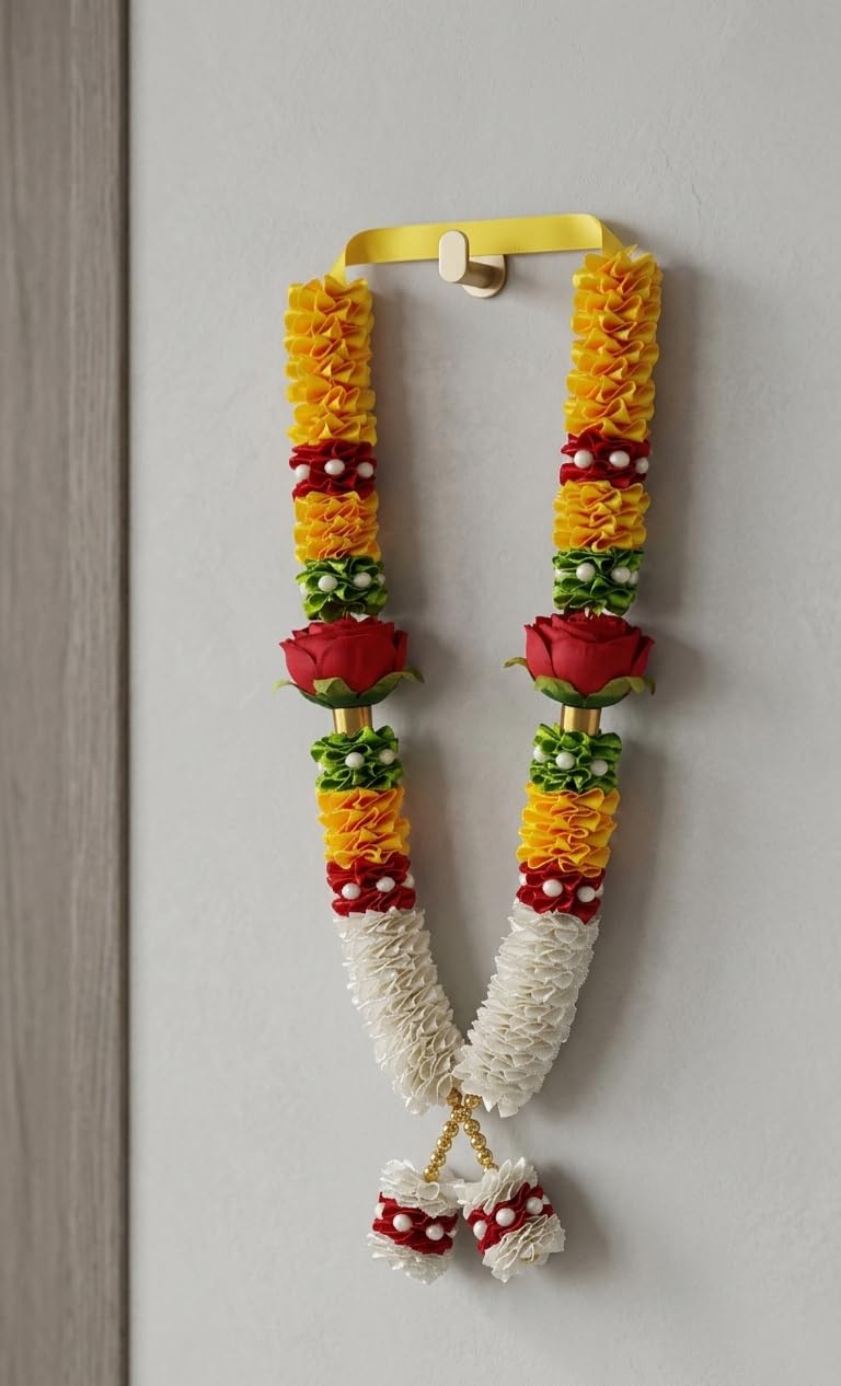 Artificial Flower Garland Mala, Yellow and Cream, for Home Pooja Mandir Idol and Photo Frame, 12 Inch-image-34