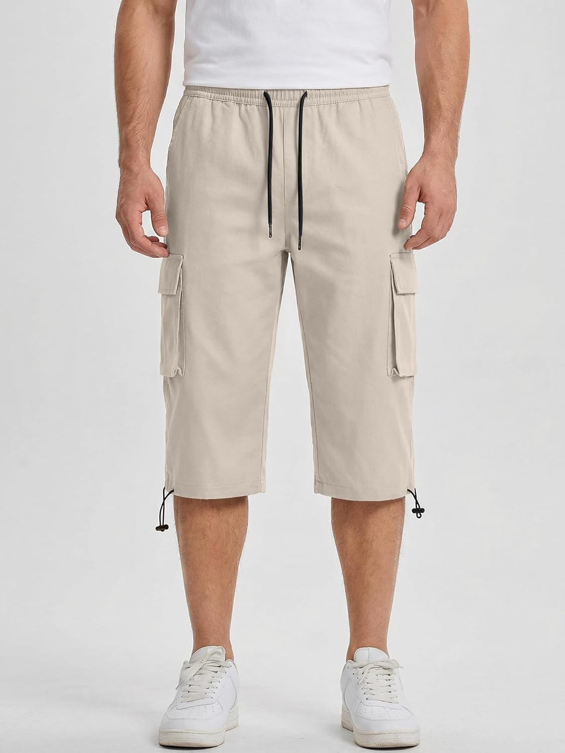 JMIERR Men's 3/4 Length Cargo Shorts Elastic Waist Capri Pants with Zipper Pockets - Image 9