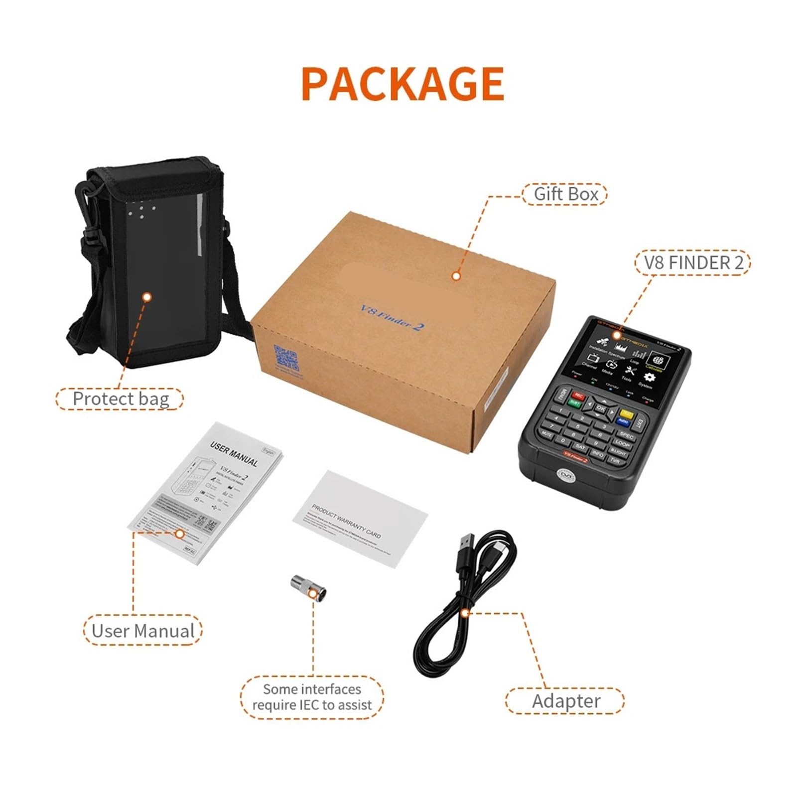 Buscador de satélite V8 Finder 2, DVB-S2/S2X, Pantalla HD de 3,5", analizador de Espectro, AZ/EL automático, /AV, Compatible con Mayoristas