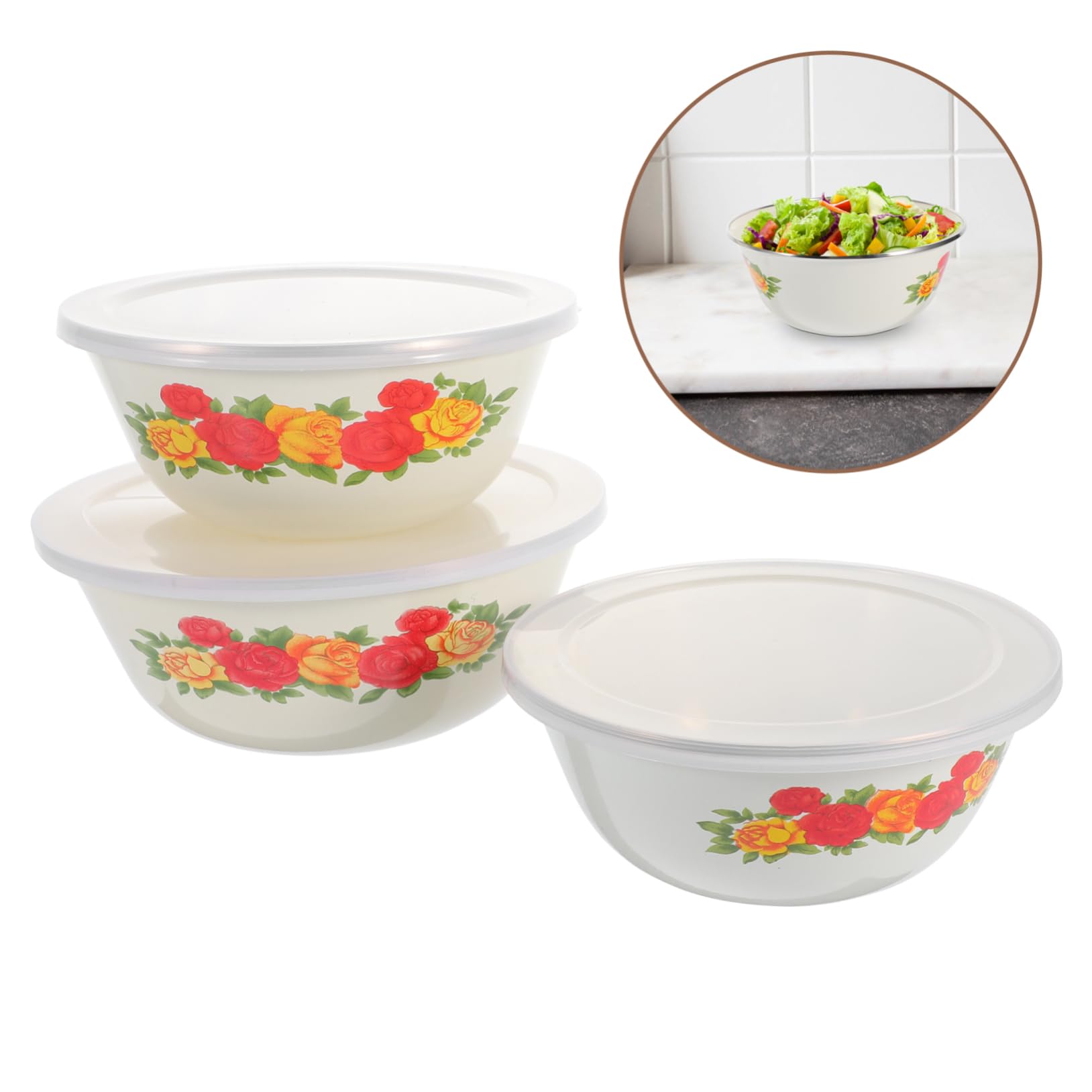 BESTYASH Set 3 Ciotole Smaltate con Coperchio Trasparente in Silicone, Ciotole per Insalata e Pasta per Casa, Facili da Osservare e Conservare Cibo