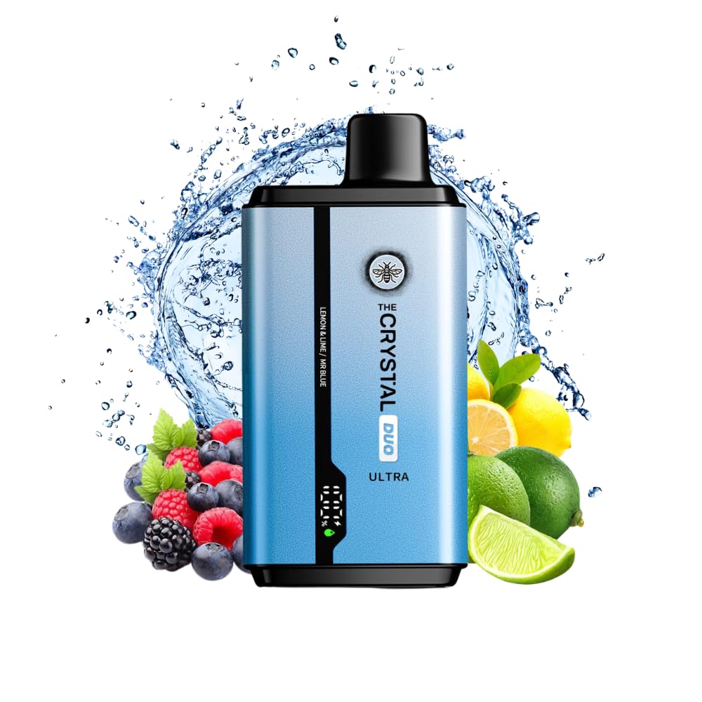 The Crystal Duo Ultra 15000 Puffs Disposable Vape, Visual Display Screen, Draw-Activated Rechargeable Dual Tank Vape, 0mg Nicotine Free (Lemon & Lime/Mr Blue)