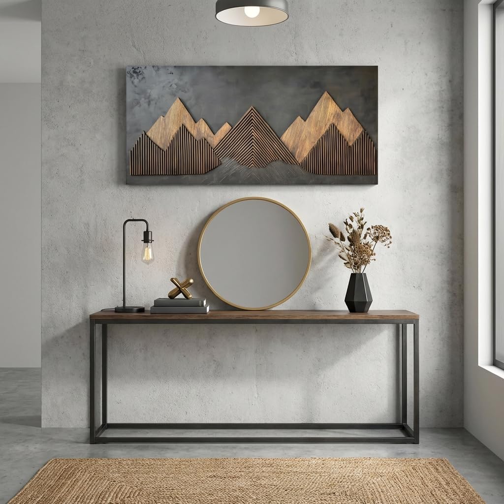 ZESTRILIA Brown Wooden Mountain Range Wall Art for Living Room Canvas Painting Prints Art Deco Artwork Office Bedroom Decor (40x20 Inches)