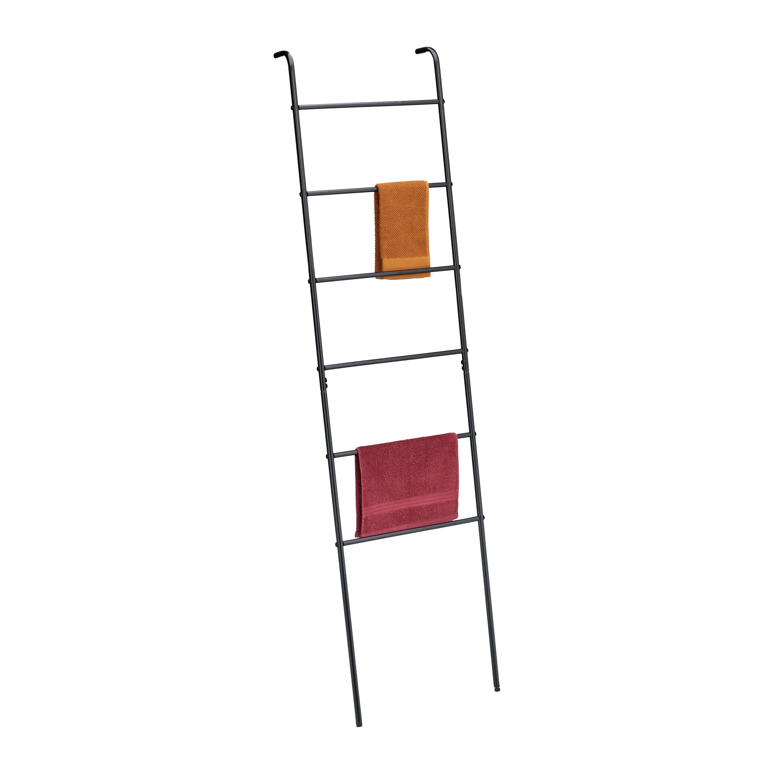 Relaxdays Towel Ladder, 6 Rungs, Drying Rack for Clothes, 171x45.5x10 cm, Bathroom, Leaning Blanket Holder, Metal, Black, Steel