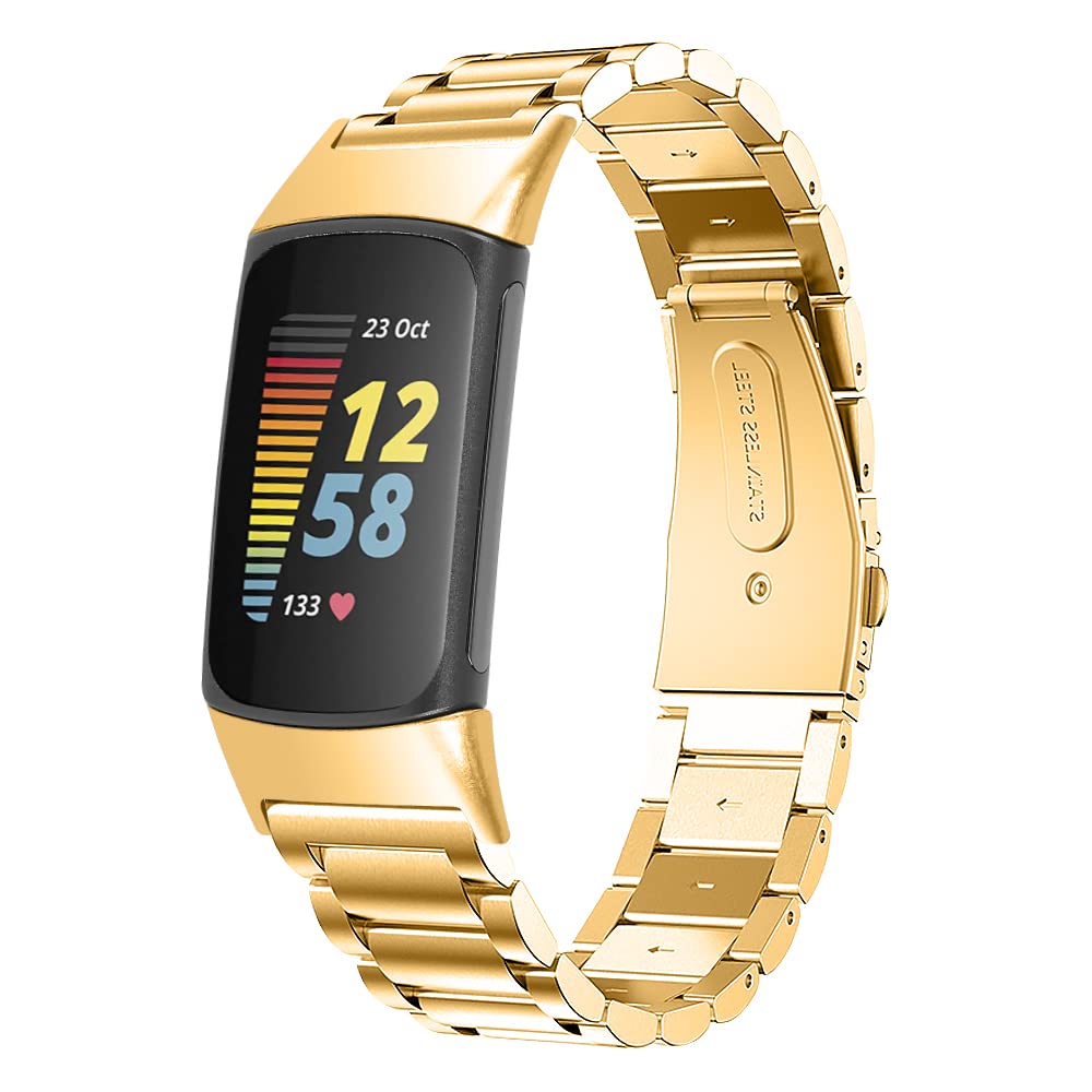 AISPORTS Compatible with Fitbit Charge 6/Charge 5 Strap Stainless Steel for Women Men, Solid Adjustable Stainless Steel Sport Wristband Metal Bracelet Replacement Strap for Fitbit Charge 6/Charge 5