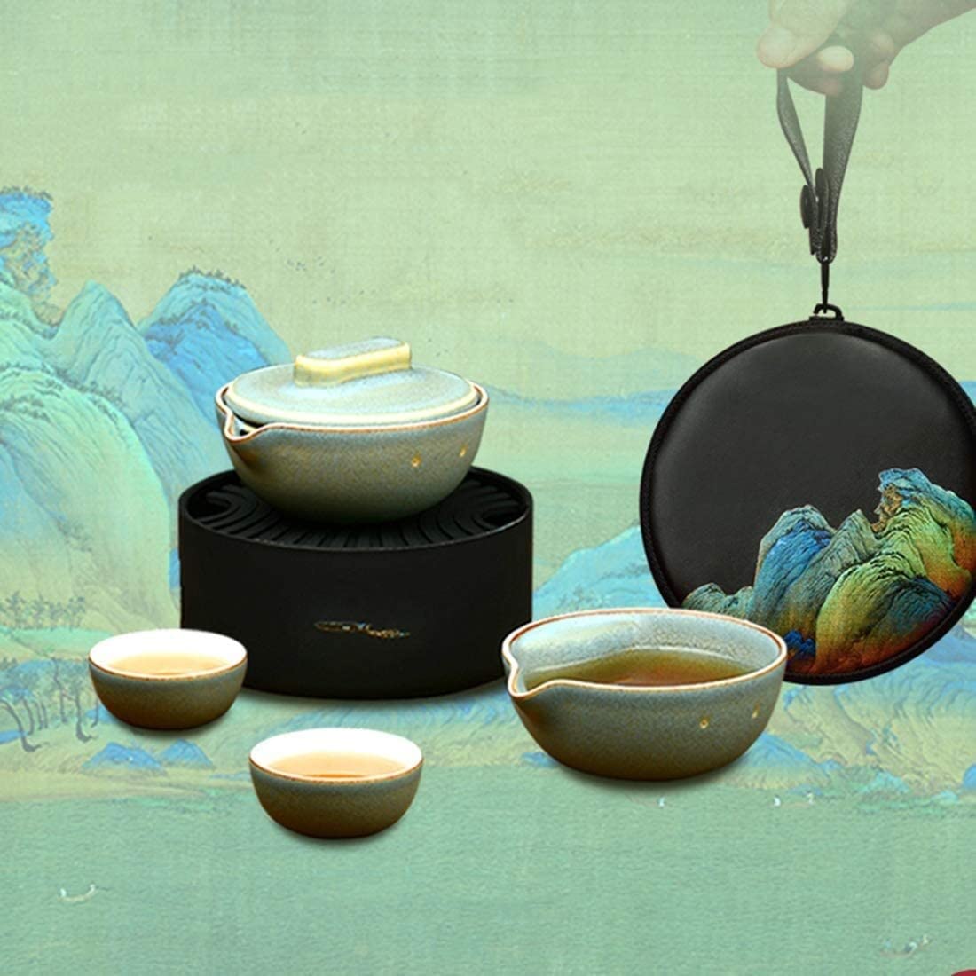 Zestaw Herbaty Przenośny Zestaw Do Herbaty Ręcznie Robiony Chiński Krajobraz Porcelanowy Czajniczek Wielofunkcyjny Schowek Dla Codziennego Użytku