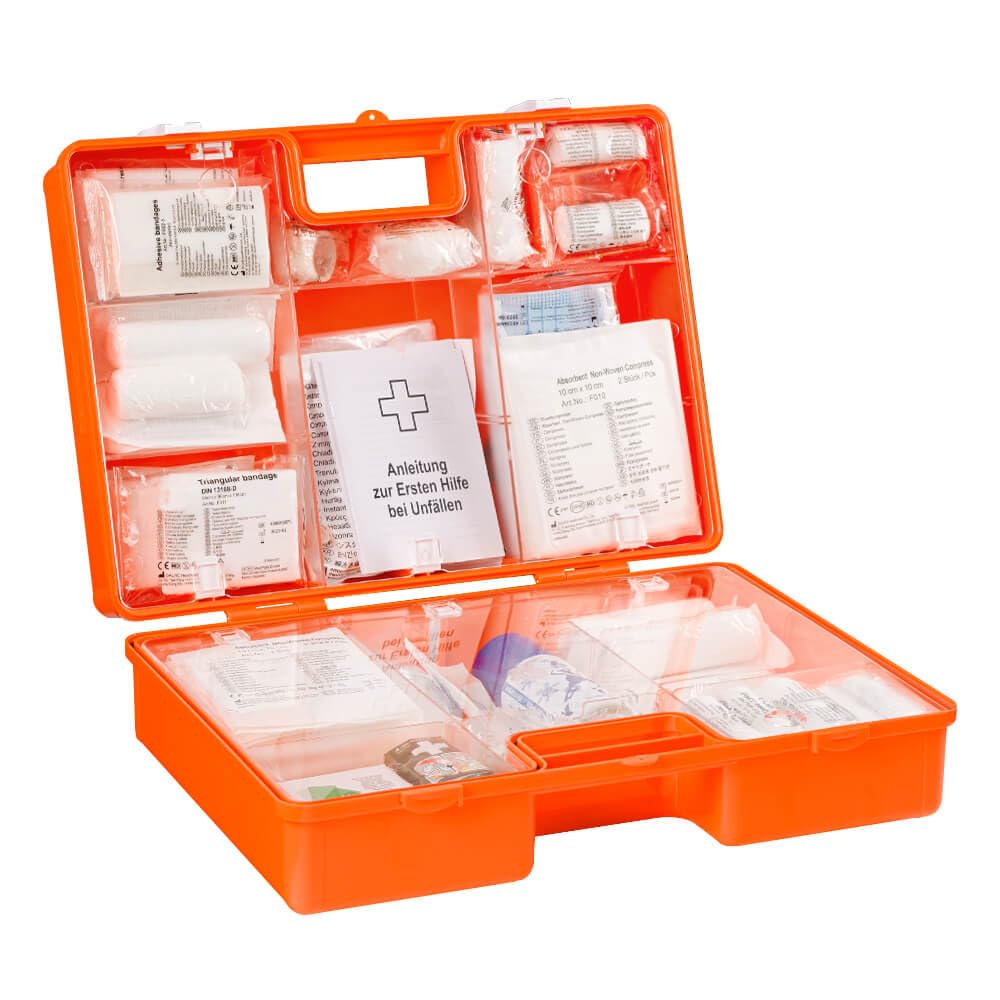 Erste-Hilfe-Koffer Elektrotechnik, orange, mit Wandhalterung, DIN 13157, Art.-Nr. 611196 | Verbandskasten | Notfallkoffer | Erste Hilfe Kasten