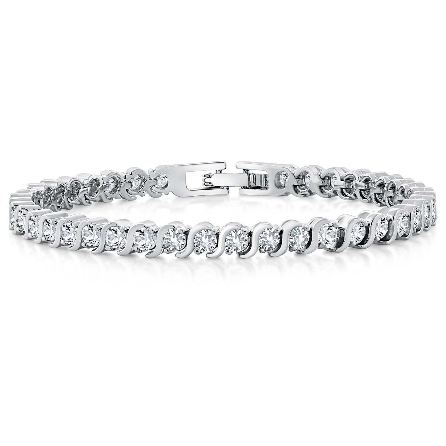 Gem Stone King 3MM Simulated Blue Sapphire and Sparkling White Cubic Zirconia Tennis Bracelet for Women | 14K Gold Plated | 4.50 Cttw | Size 7 Inch | Choice of Color