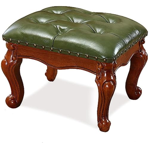 Footstool European Decor Foot Rest Sofa Coffee Table Shoe Change Stool, Retro Style Leather Upholstered Low Stool with 4 -Wood Legs,40x34x32cm(16x13x13inch)-Green