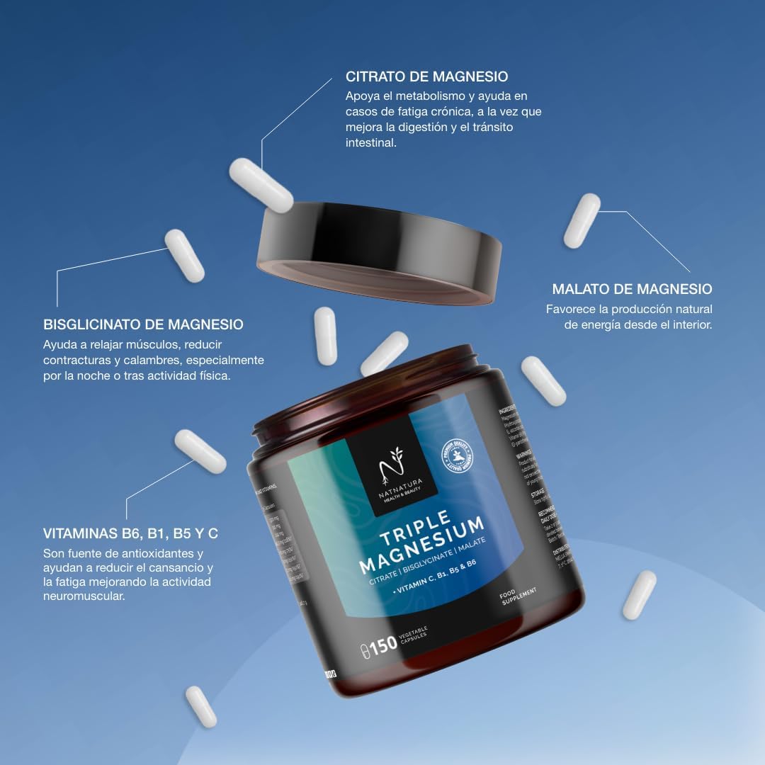 Magnesio Triple – Citrato de magnesio, Bisglicinato y Malato | 442 mg de magnesio elemental por dosis + Vitaminas B1, B5, B6 y C | Antifatiga, Calambres y Recuperación Muscular | 150 cápsulas.