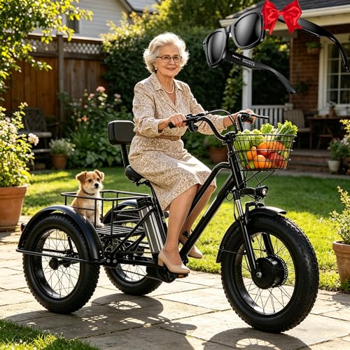 LISTaRSw Electric Tricycle - Load 200kg, 3-Wheel Electric Trike for Adults, Shopping Basket (20''x9''x12''), 20'' Fat Tyres Cargo Ebike, For Shopping, Picnic