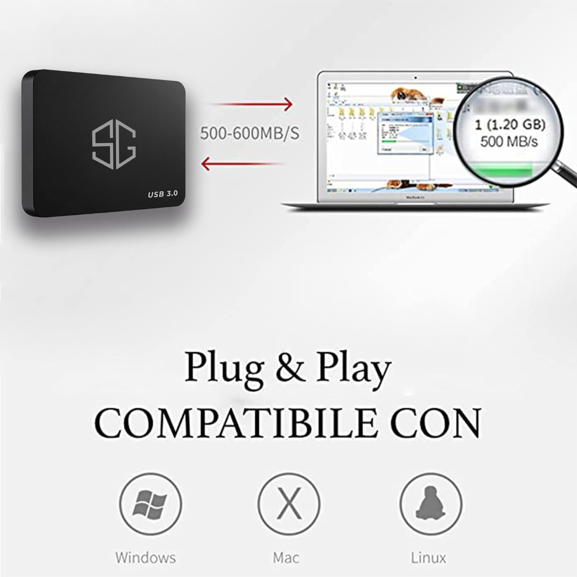 SG, Hard Disk Esterno Portatile con disco interno da 320 Gb da 2,5" USB 3.0 per Notebook, pc, Desktop, archiviazione dati, supporto esterno, completo di cavo usb e custodia