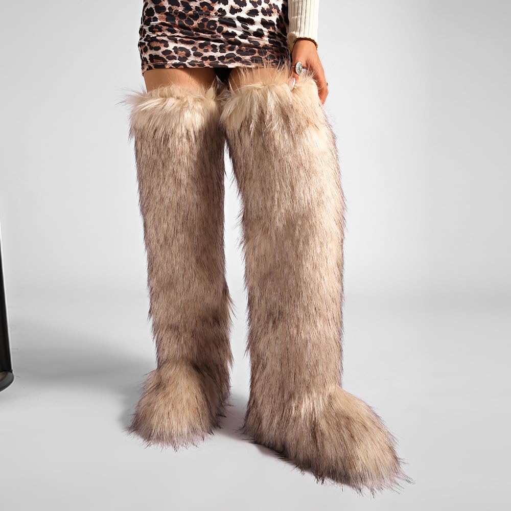 Women’s Winter Fluffy Faux Fur Over Knee Thigh High Boots Fuzzy Furry Tall Long Snow Boots