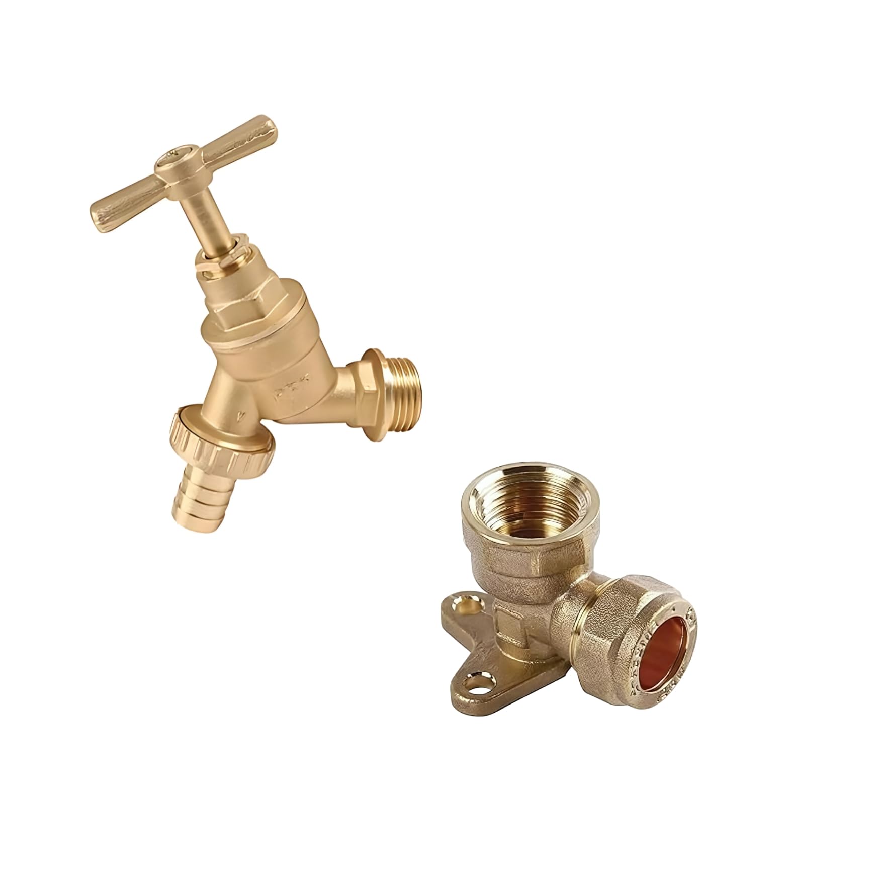 Shiv Brass Outdoor Garden Tap Hose Union Bib Tap 1/2Inch Bsp With Compression Wallplate Elbow, Through The Wall 15Mm Copper Tube (Single Bib Tap) (Tap + Compression Wallplate Elbow)