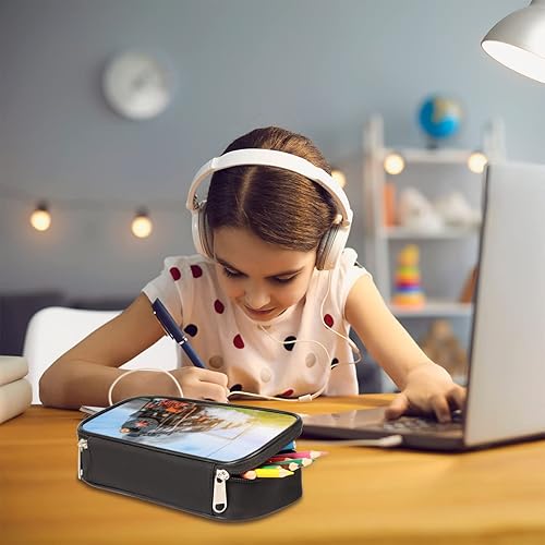 Miniatura 6 de Estuche para lápices de tren de locomotora de vapor, tren azul cielo, gran capacidad, estuche para bolígrafos, papelería, bolsa para la escuela,