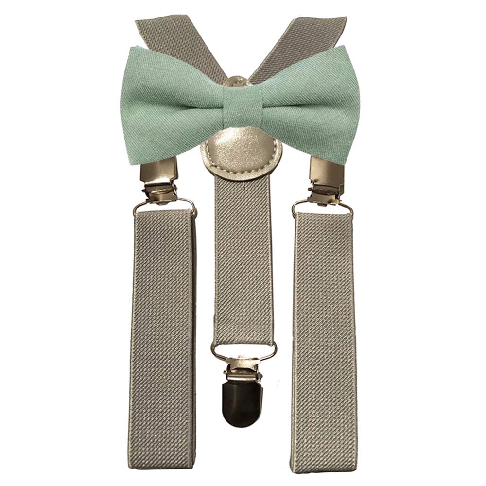 Children's Kids Boys Cotton Bow Tie & Grey Suspenders Set (Sage Green)
