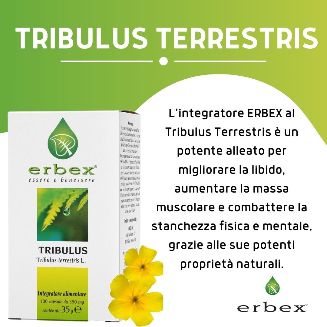 ERBEX - Tribulus Terrestris 100% Naturale, 360mg di Saponine Steroidee, Promuove il Vigore Fisico e la Vitalità degli Uomini, Migliora Resistenza e Virilità, Vegano e Senza Additivi