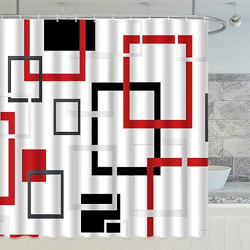Cortina de ducha geométrica en blanco y negro, rojo y negro, a cuadros, arte abstracto moderno, decoración de baño, juego de cortinas de ducha de