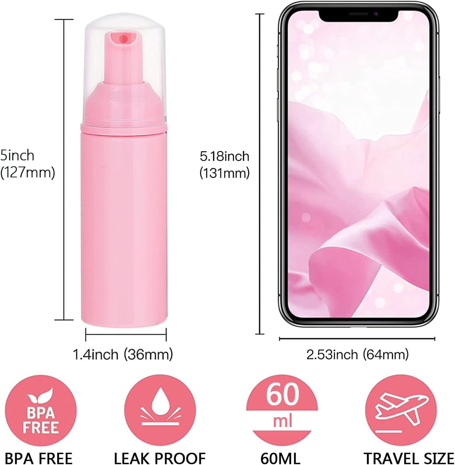 10 PCS Refillable Travel Bottles, 2oz/60 ml Plastic Soap Foam Bottle, Empty Foaming Pump Dispenser, Dispensers for Hand Soap, Lash Cleanser, Shampoo (10 pcs, Pink)