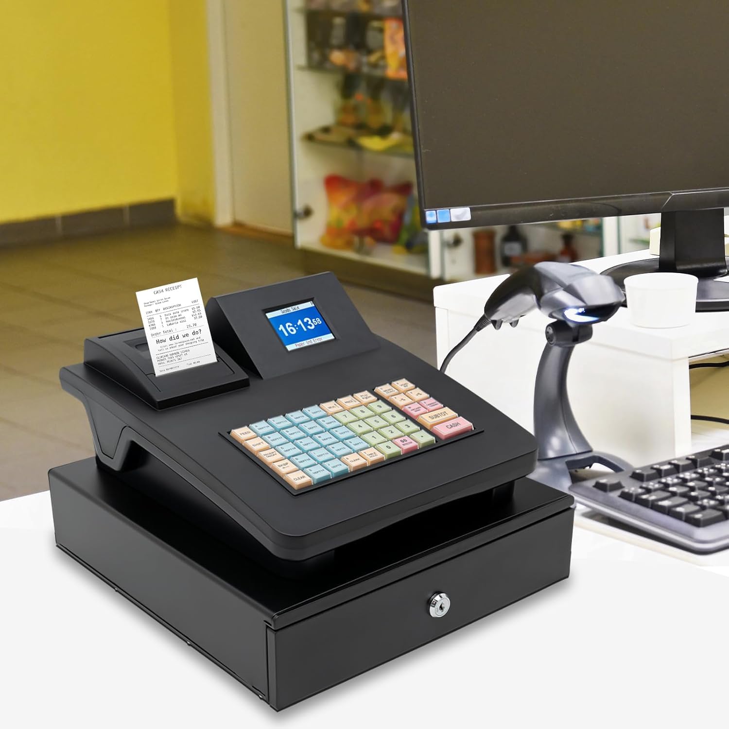 Registratore di Cassa Pos per Piccole Imprese E Ristoranti, Elettronico con Cassetto Contanti, 200 Reparti, 1000 Articoli, 30 Tipi di Pagamento, Compatibile con Scanner, Black