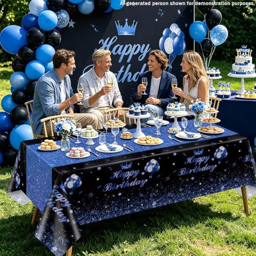 Image of 4 Pcs Happy Birthday Black and Blue Party Tablecloths - Blue Black Party Decorations Plastic Tablecloth Rectangular Table Covers for Boy Girl Baby Shower Birthday Table Supplies, 51 x 86.6 Inch